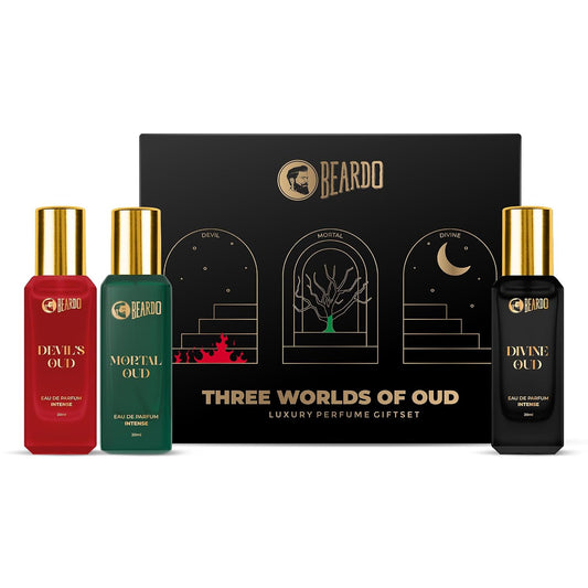 Beardo Oud Perfumes Giftset for Men - Three Worlds of Oud 3x20ml | Devil's, Mortal & Divine | Long lasting Perfume for Men | Luxury Perfume giftset for Men | Anniversay Gift | Gift for boyfriend, Hudsband, Friend | Rakhi Gift for Brother | Gift for Brother