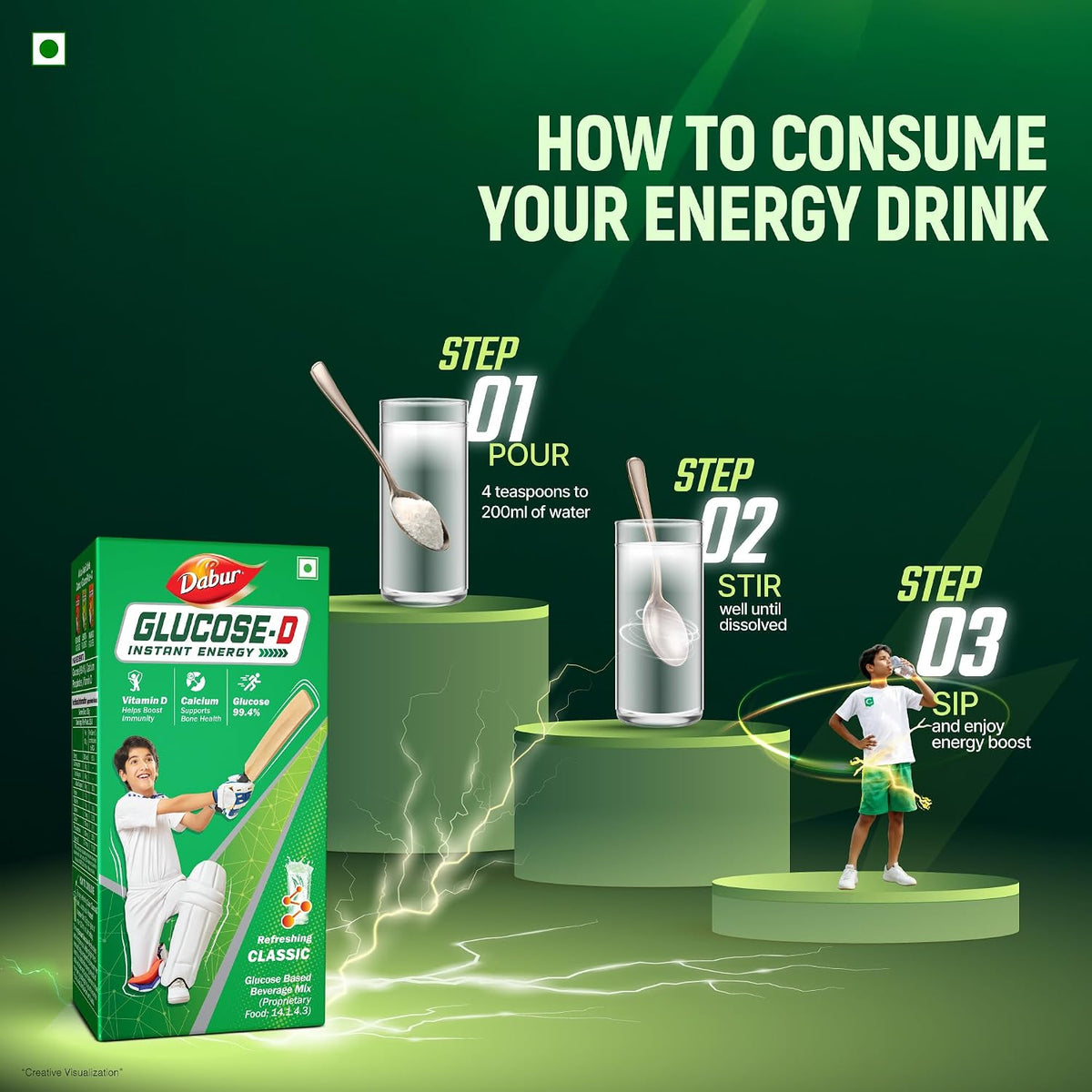 Dabur Glucose-D Instant Energy Drink Powder - 1kg (Carton)| Enriched with Vitamin D & Calcium | 99.4% Glucose Quick Energy Replenishment Formula | Easy to Mix Refreshing Drink