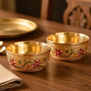 DSH Brass Serving Bowl Designer Dry Fruit & Snacks Katori Floral (3.5X4 cm) Metal Bowls for Kitchen & Dining Embossed Design Brass Bowl Katori Serving Dishes (2)