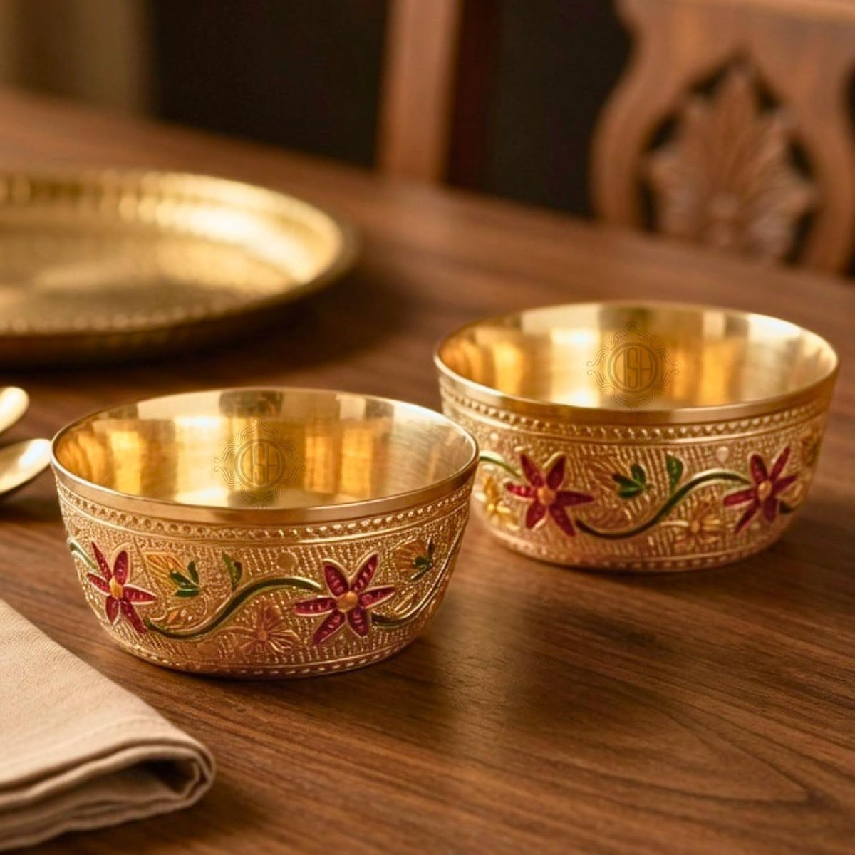 DSH Brass Serving Bowl Designer Dry Fruit & Snacks Katori Floral (3.5X4 cm) Metal Bowls for Kitchen & Dining Embossed Design Brass Bowl Katori Serving Dishes (2)