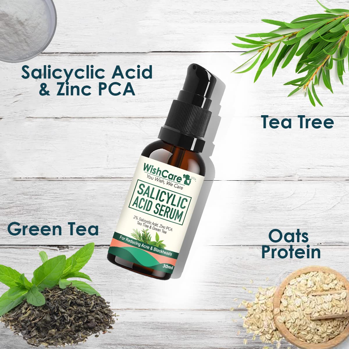 WishCare 2% Salicylic Acid Serum for Active Acne/Acne Marks & Blackheads with Zinc PCA, Tea Tree & Green Tea - 30 ml, Clear, (WSAS30)