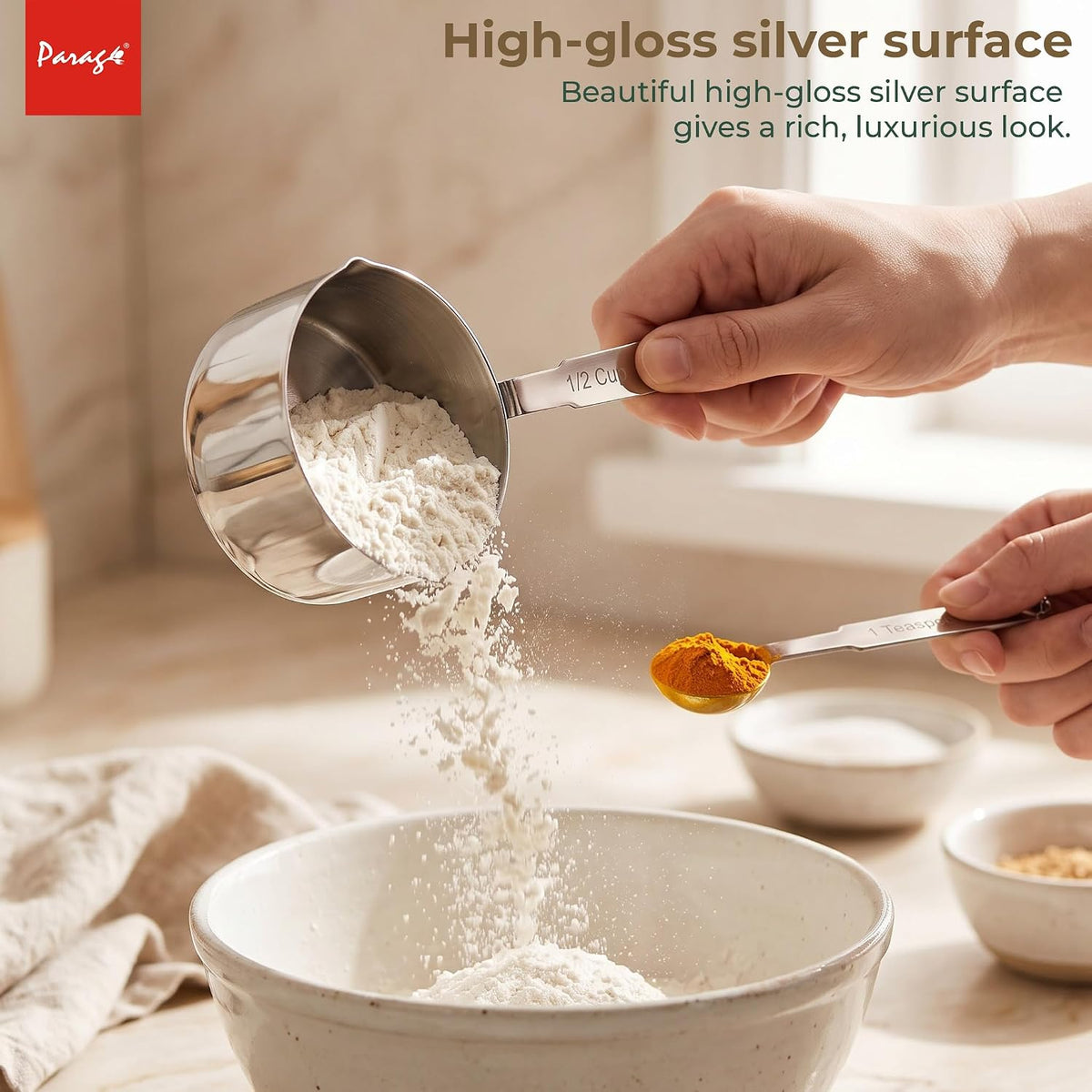 Parage Stainless Steel Measuring Cups & Spoon Combo for Dry or Liquid/Kitchen Gadgets/Cooking & Baking/Stackable Professional Measuring Cup Set with Measurement Handles (Set of 4 Cups & 4 Spoons)