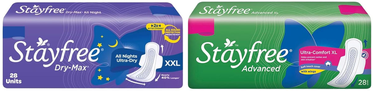 Stayfree Advanced Ultra Napkin & Stayfree Dry Max All Night XXL (28 pads) Dry Cover Sanitary Pads For Women With Wings