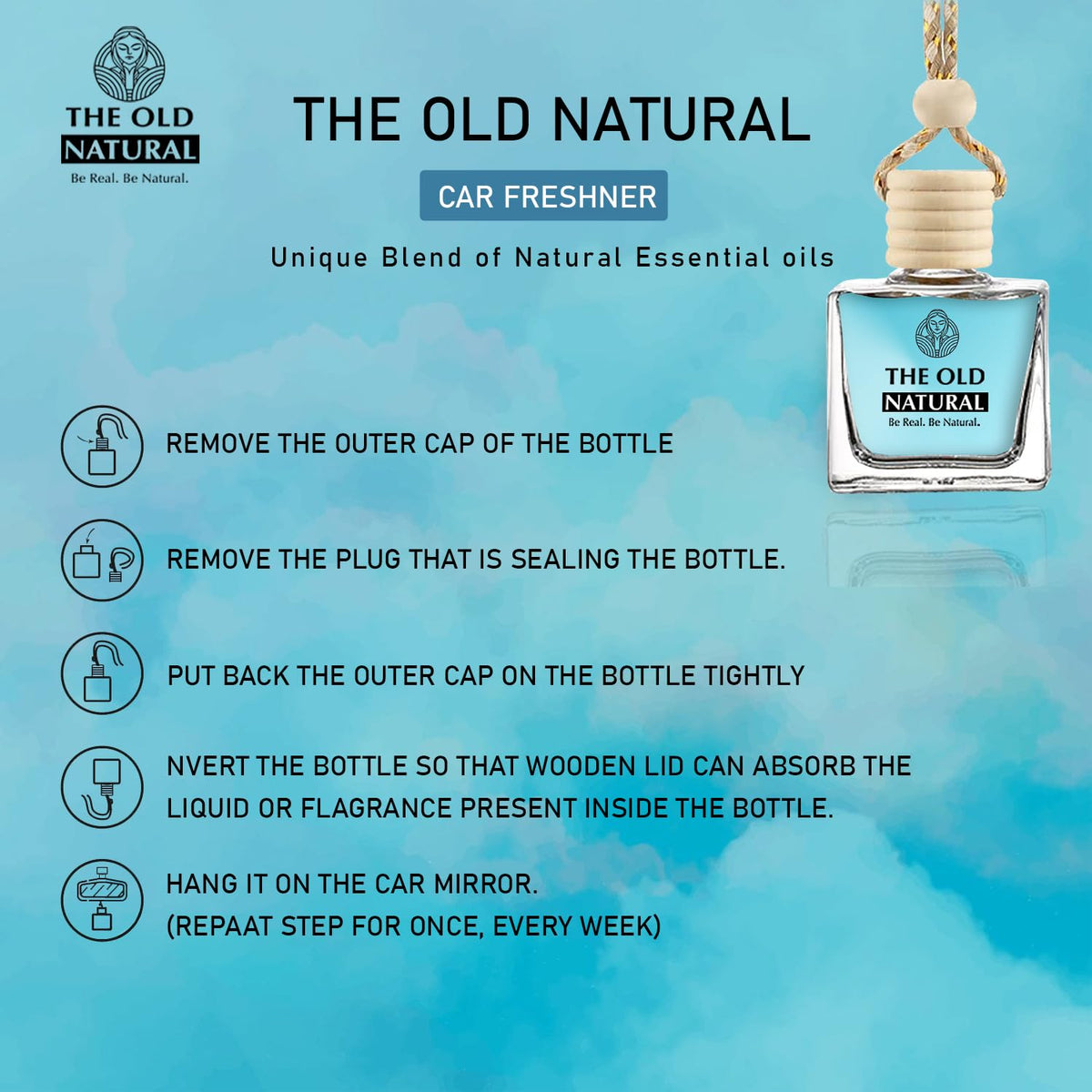 The Old Natural Car Freshener with Essential Oils Fragrance in Glass bottle with Wooden Diffuser Lid | Car Perfume 20ml