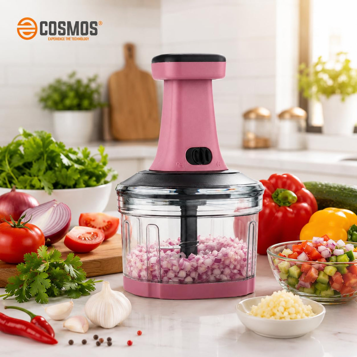 E-COSMOS® Food Chopper 800ml, 3 Blade Steel Large Manual Hand-Press Vegetable Chopper Mixer Cutter to Cut Onion, Salad, Tomato, Potato (Dusty Blush)