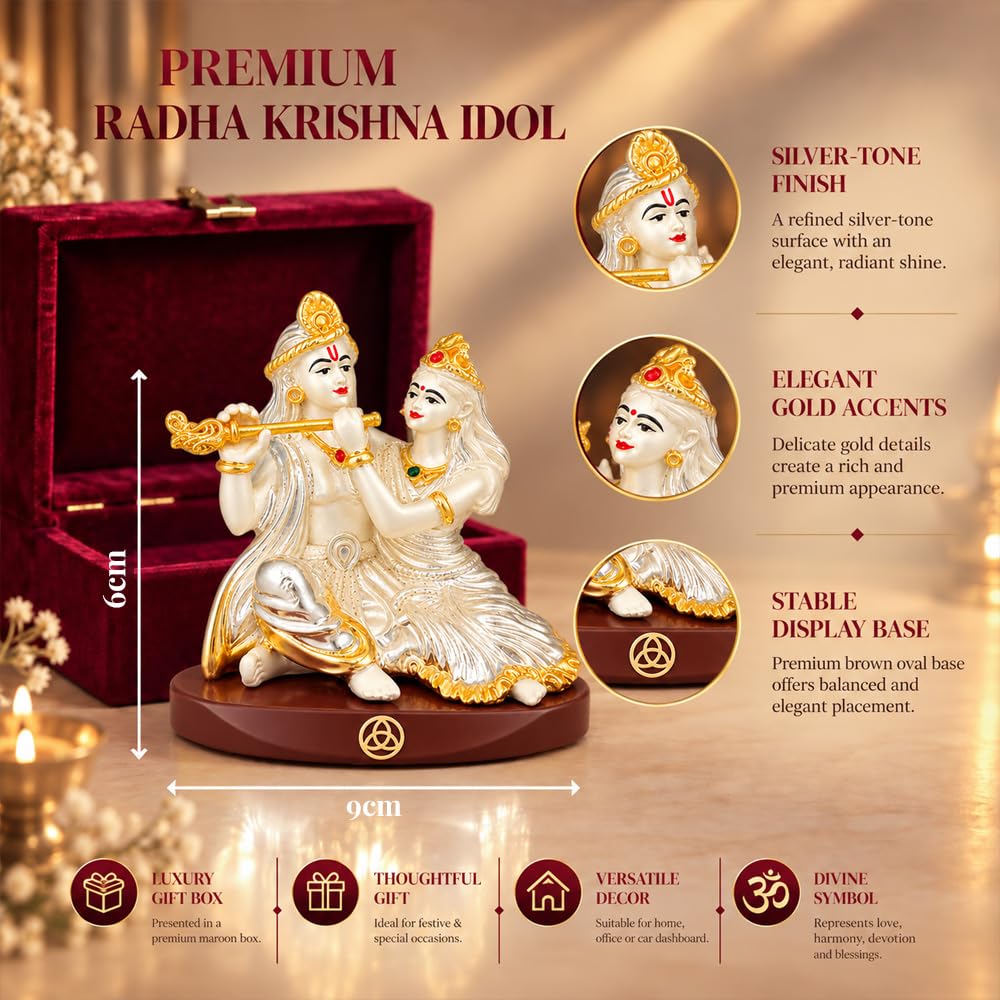 DIVINITI Premium Radha Krishna Idol with Silver-Tone Finish & Gold Accents | Decorative Radha Krishna Showpiece with Base & Premium Gift Box | Home, Office, Mandir & Gifting | 6 x 9 cm
