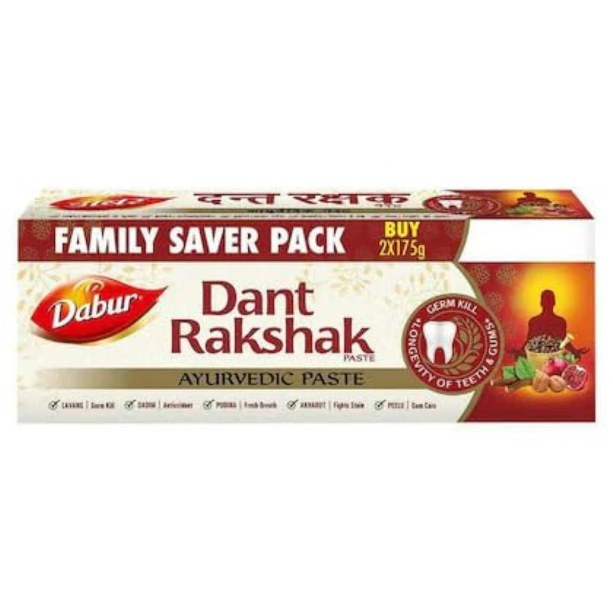 Dabur Dant Rakshak Ayurvedic Toothpaste - 175g (Pack of 2) | With Goodness Of 32 Ayurvedic Herbs | Prevents & Calms Gum Pain | Kills Germs | Complete Family Toothpaste | No Added Fluorides & Parabens