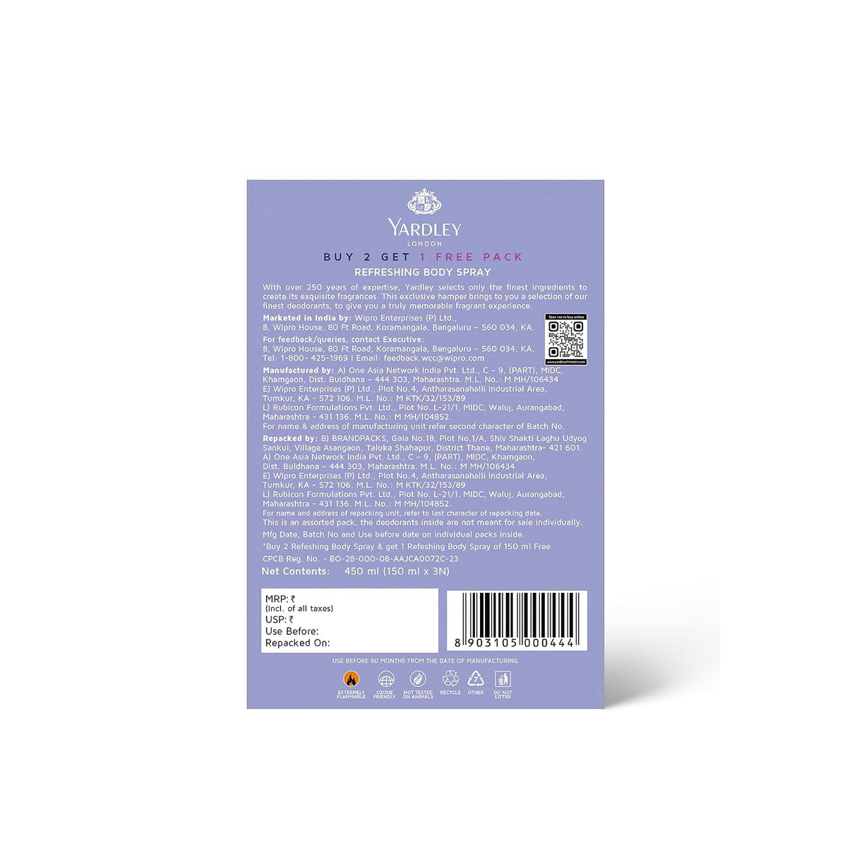 Yardley London Refreshing Deo Body Spray Tripack (English Lavender + English Rose + Morning Dew) for Women, 150ml Each (Pack of 3)