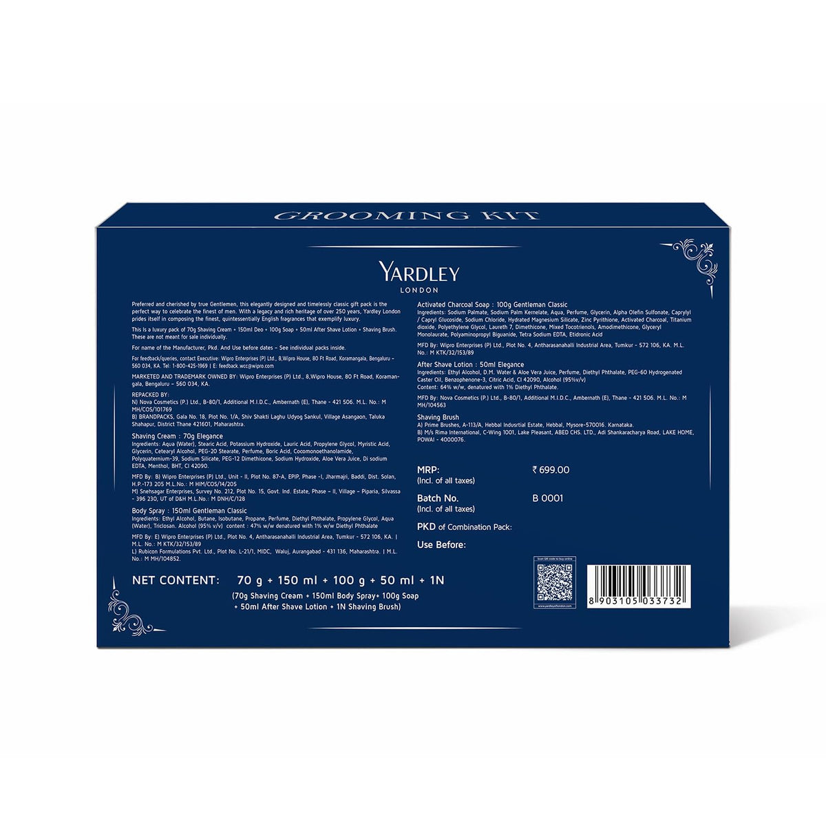 Yardley London Gentleman Luxury Grooming Kit For Men With Classic Activated Charcoal Soap, Elegance Lather Shaving Cream, After Shave Lotion, Shaving Brush, And Classic Body Deodorant Spray