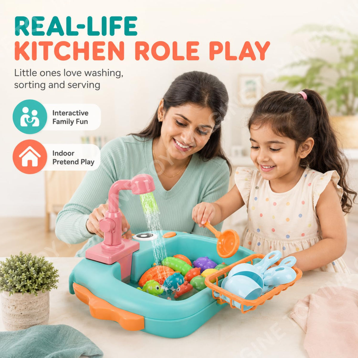 Toy Imagine 2-in-1 Electric Dinosaur Kitchen Sink Play Set for Kids, Recycling Running Water Faucet with Fishing Game, Pretend Dishwashing Toy with Utensils & Accessories for Boys & Girls Ages 3+