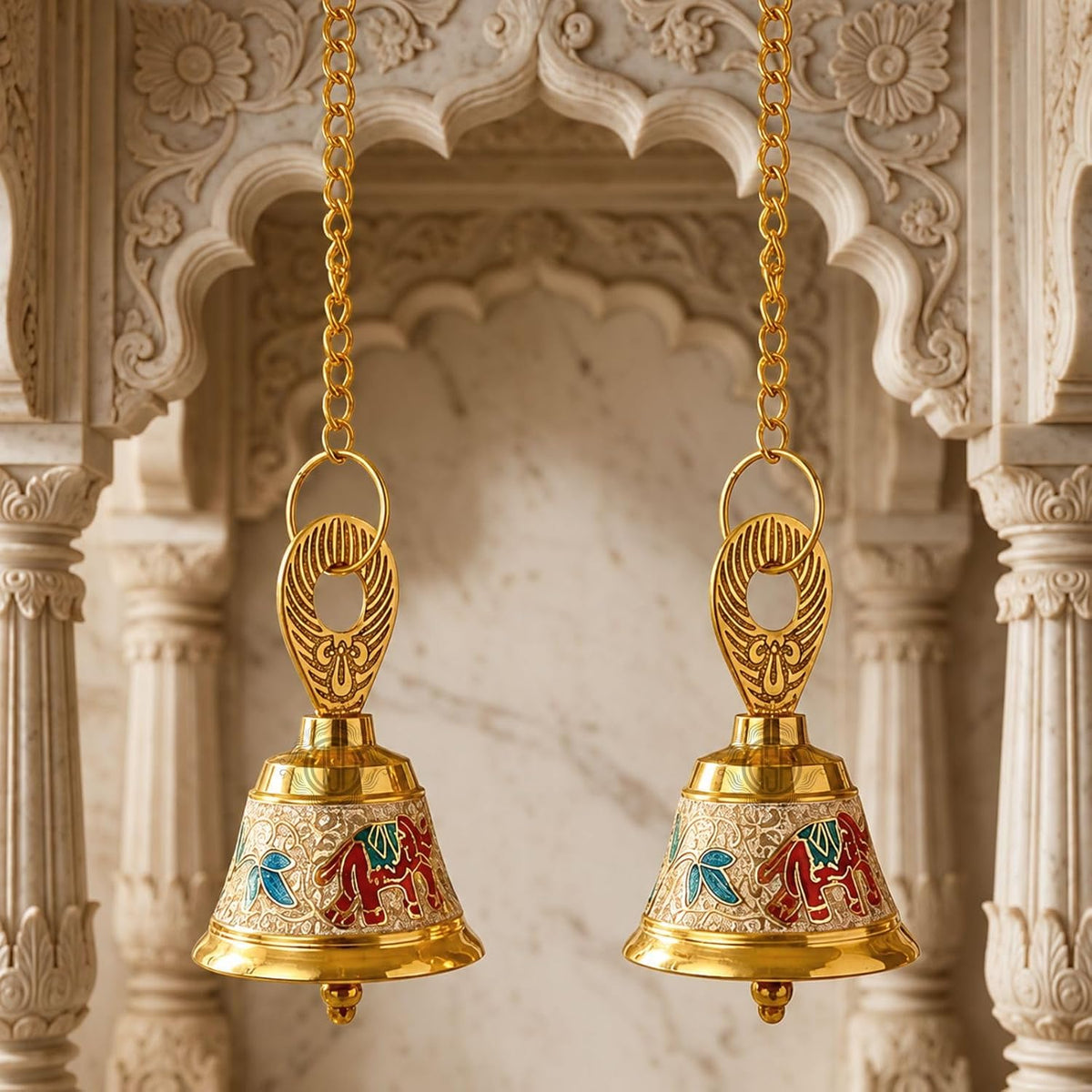 DSH Pure Brass Hanging Bell with Chain for Temple Mandir Door Home Decorative Ringing Bell (White, 2)