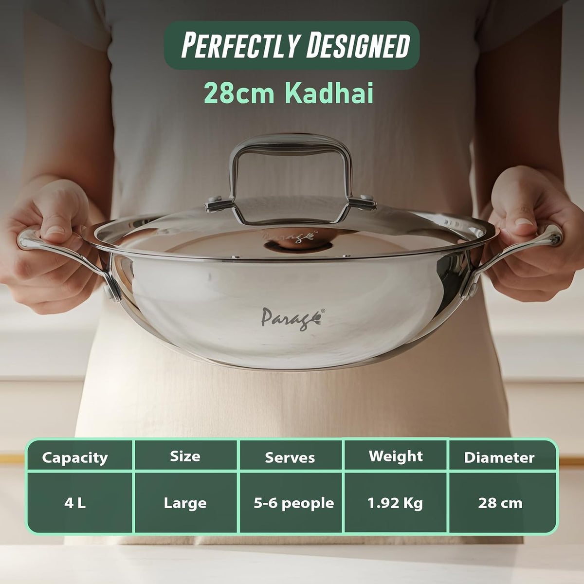 Parage Triply Stainless Steel Kadai with Lid 28 cm, 4 LTR | ISI Certified | Heavy Bottom SAS Triply Kadhai for Deep Frying & Cooking | Tripure | Induction & Gas Stove Compatible | 5 Years Warranty