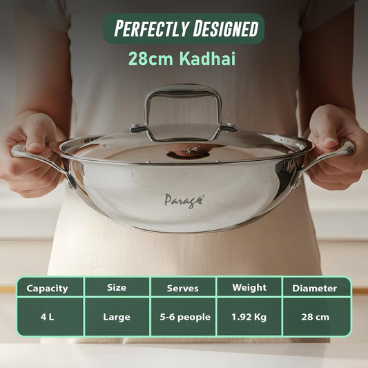 Parage Triply Stainless Steel Kadai with Lid 28 cm, 4 LTR | ISI Certified | Heavy Bottom SAS Triply Kadhai for Deep Frying & Cooking | Tripure | Induction & Gas Stove Compatible | 5 Years Warranty