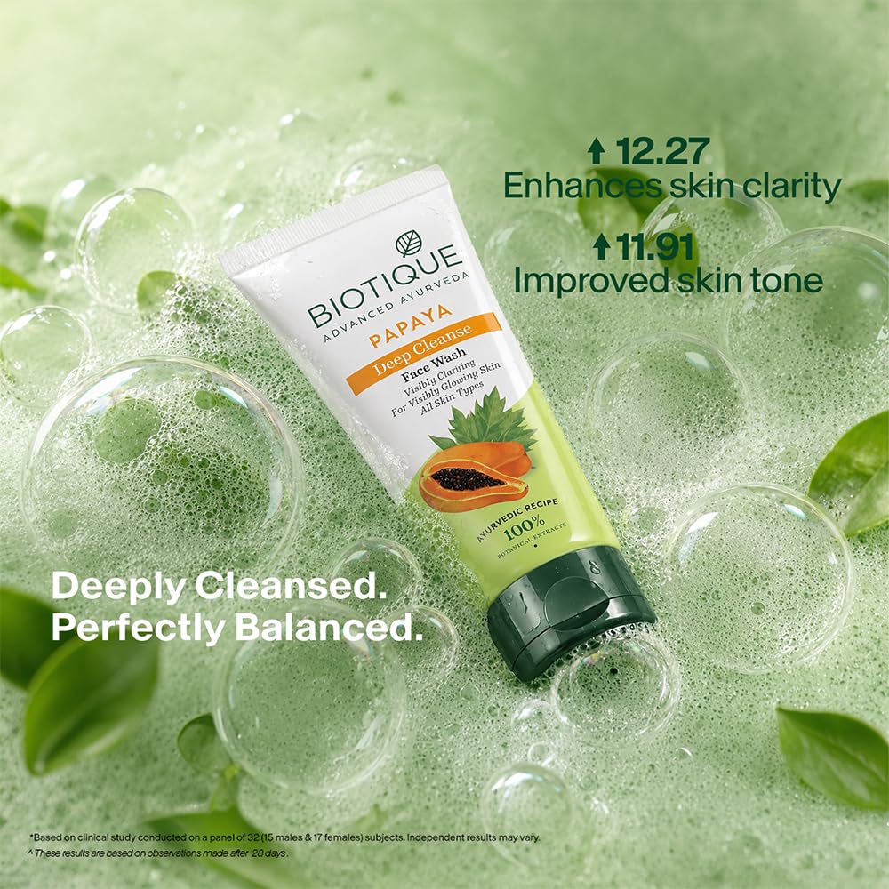 Biotique Papaya Deep Cleanse Face Wash | Gentle Exfoliation | Visibly Glowing Skin | 100% Botanical Extracts| Suitable for All Skin Types | 2x100ml