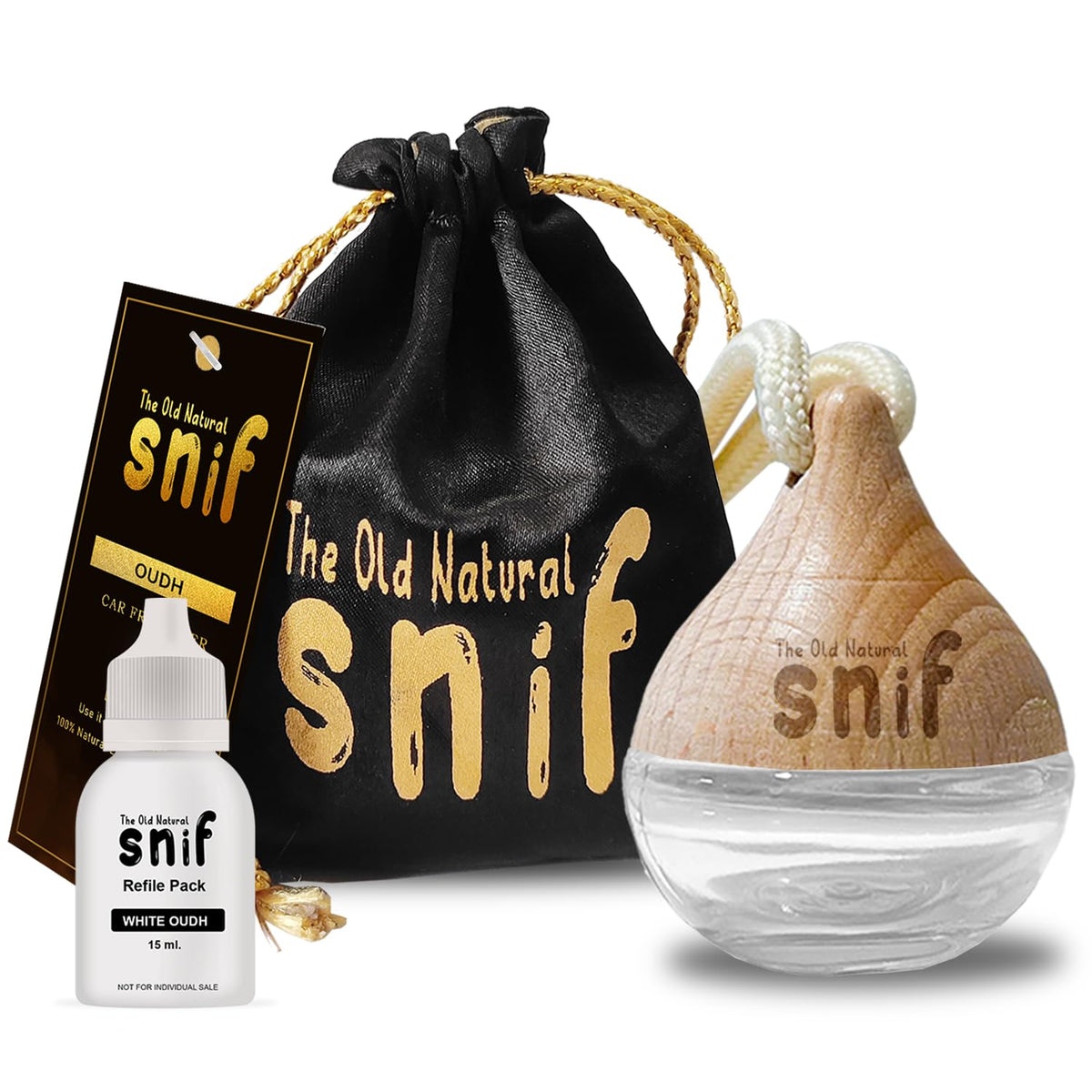 The Old Natural Snif Car Perfume With Essential Oils | Car Perfume Diffuser With 15ml Refill Pack | Blue Water, White Oudh and Plum Rose (Pack Of 3, 60ml)