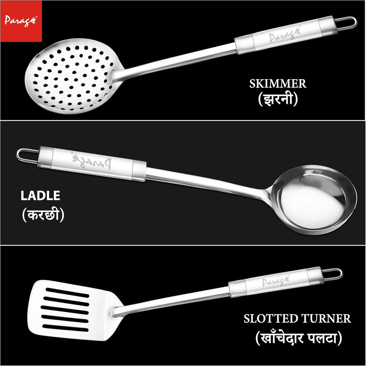 Parage 3 Pieces Stainless Steel Kitchen Tools for Home & Kitchen, Cooking & Serving, Slotted Turner/Spatula (Palta), Skimmer/Jhara/Poni, Ladle(Karchhi), Dual Tone Handle Kitchen Gadgets, Silver
