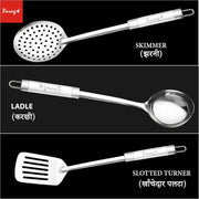 Parage 3 Pieces Stainless Steel Kitchen Tools for Home & Kitchen, Cooking & Serving, Slotted Turner/Spatula (Palta), Skimmer/Jhara/Poni, Ladle(Karchhi), Dual Tone Handle Kitchen Gadgets, Silver