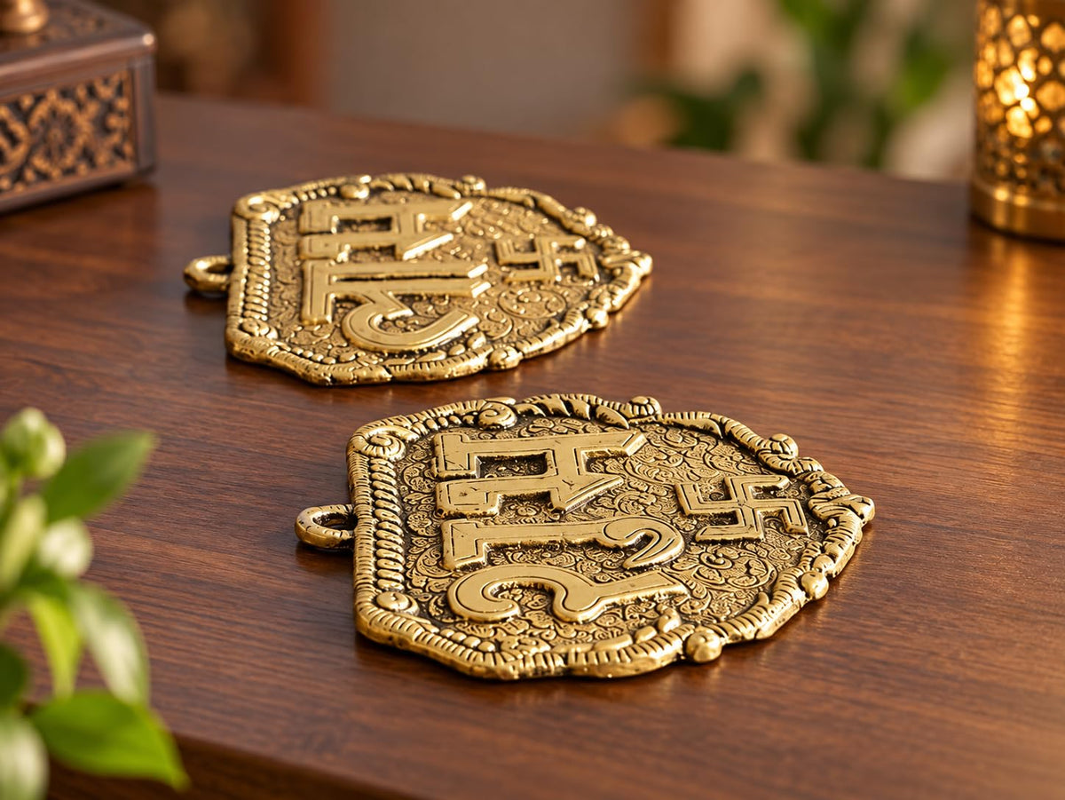 Kridaykraft Metal Shubh Labh Wall Hanging, Golden, Decorative Door Hanging, Swastik Design, 11 cm, 80 gm