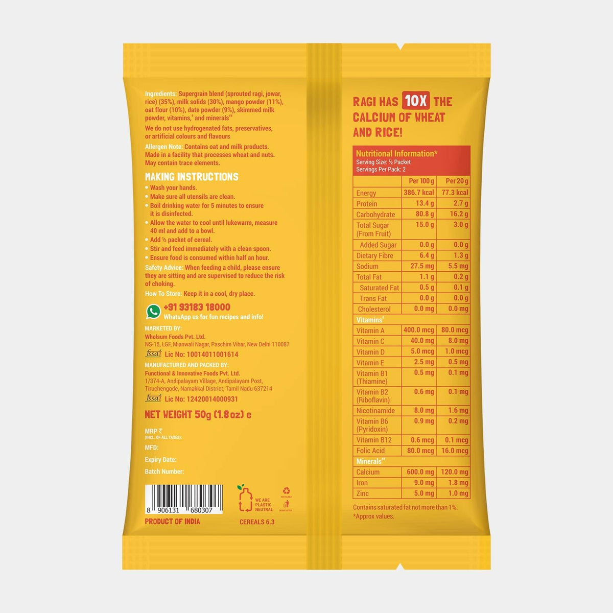 Slurrp Farm No Added Sugar, No Salt, Sprouted Ragi Powder | 100% Natural Ragi Flour | Free Mango Cereal Trial Pack | 250g