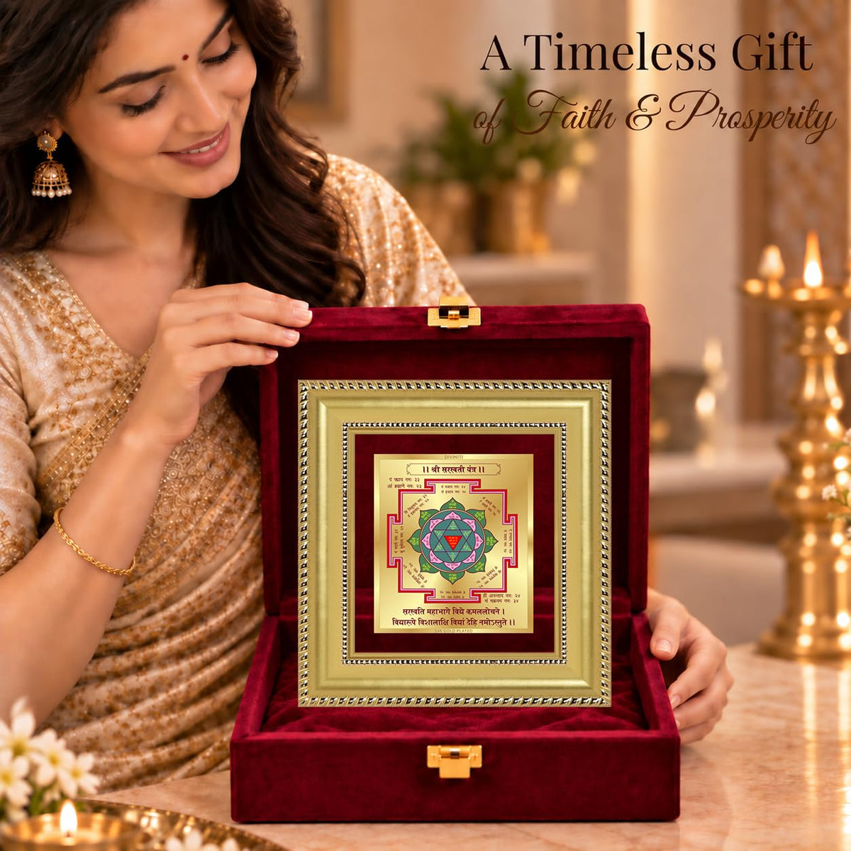 DIVINITI Siddh Energised Saraswati Yantra | 24k Gold Plated Foil Wisdom Blessings Vastu Frame for Home, Office & Puja Room | Premium Gift Box | Spiritual Yantra for Knowledge, Wisdom & Success | 12 X 11 CM