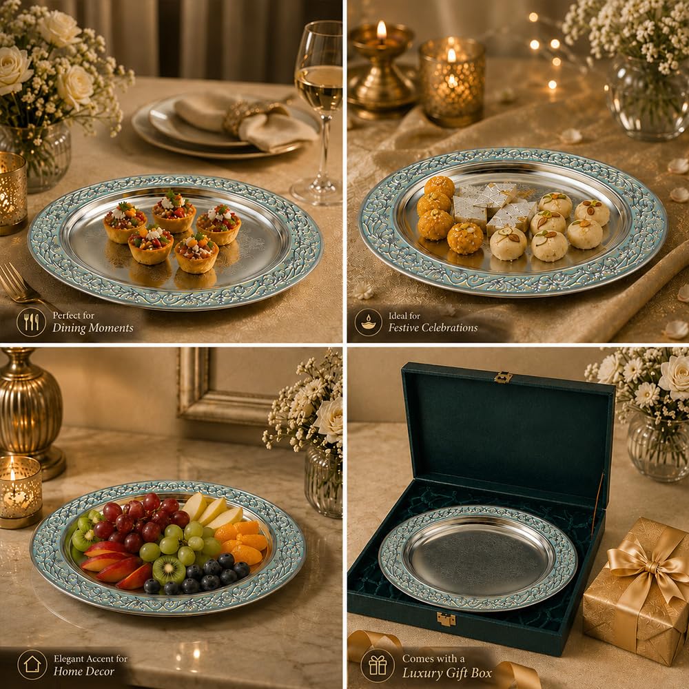 Diviniti Luxury Oval Decorative Tray | Premium Silver Finish Metal Oval Platter with Turquoise Embossed Border | Luxury Home Décor Display Tray for Coffee Table, Dining Table, Console & Gifting (Blue)