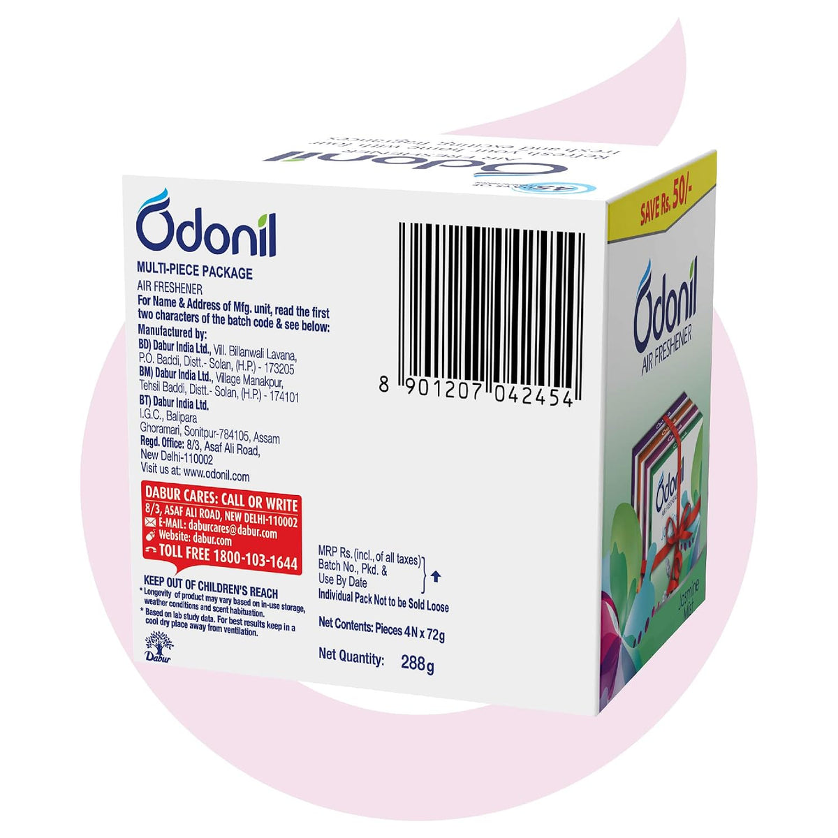 Odonil Bathroom & Toilet Air Freshener Blocks 288g (Pack of 4 x 72g) | Germ Protection | Lasts Up to 45 Days Freshness | 4 Fragrances in One Pack | Lavender, Orchid, Jasmine & Rose | For Home & Office