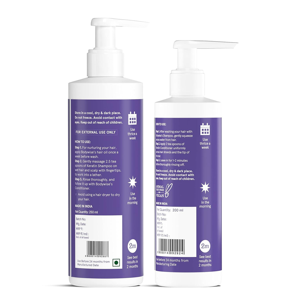 Be Bodywise Keratin Hair Fall Control Shampoo & Conditioner | Ultra Smoothing Shampoo + Conditioner with Niacinamide, Biotin, Argon Oil, Shea Butter & Caffeine | Paraben & SLS free, 450ml.