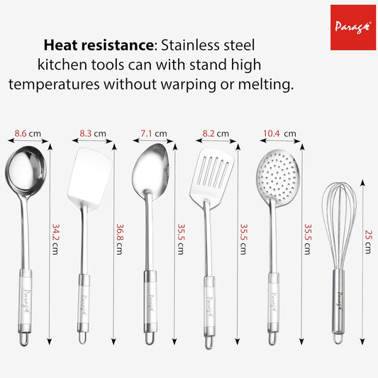 Parage 6 Pieces Stainless Steel Kitchen Tools for Cooking & Serving, Basting Spoon (Chamcha), Ladle(Karchhi), Slotted Turner, Skimmer(Jhara), Turner/Spatula (Palta), Blending Egg Whisk, Silver