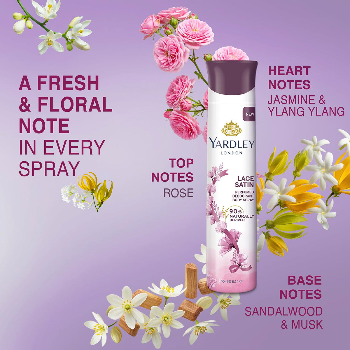 Yardley London Lace Satin Perfumed Deodorant Body Spray| Fresh Floral Scent| 90% Naturally Derived| Deo Spray| Body Deodorant for Women| 150ml