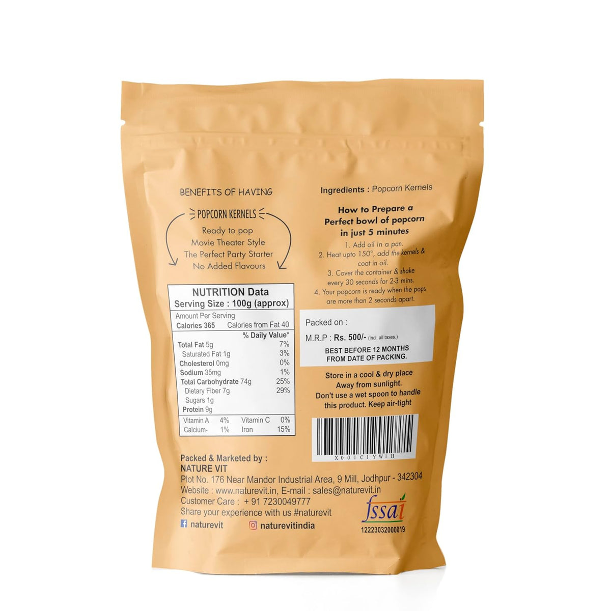 NatureVit Popcorn Kernels 1 Kg | Butterfly Popcorn Seeds for Home Use | Enjoy Theatre-Style Popcorn at Home | Natural, Non-GMO, Big Puff Corn