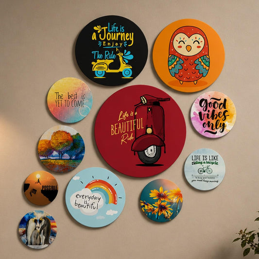 Artvibes Life Is A Journey Enjoy The Ride Decorative Round Shape MDF Wooden Wall Hanging | Quotes Decor Item | Traveller Quotes Wall Art | Wall Illustrations | Home Decor(WPS_112N), Set of 11
