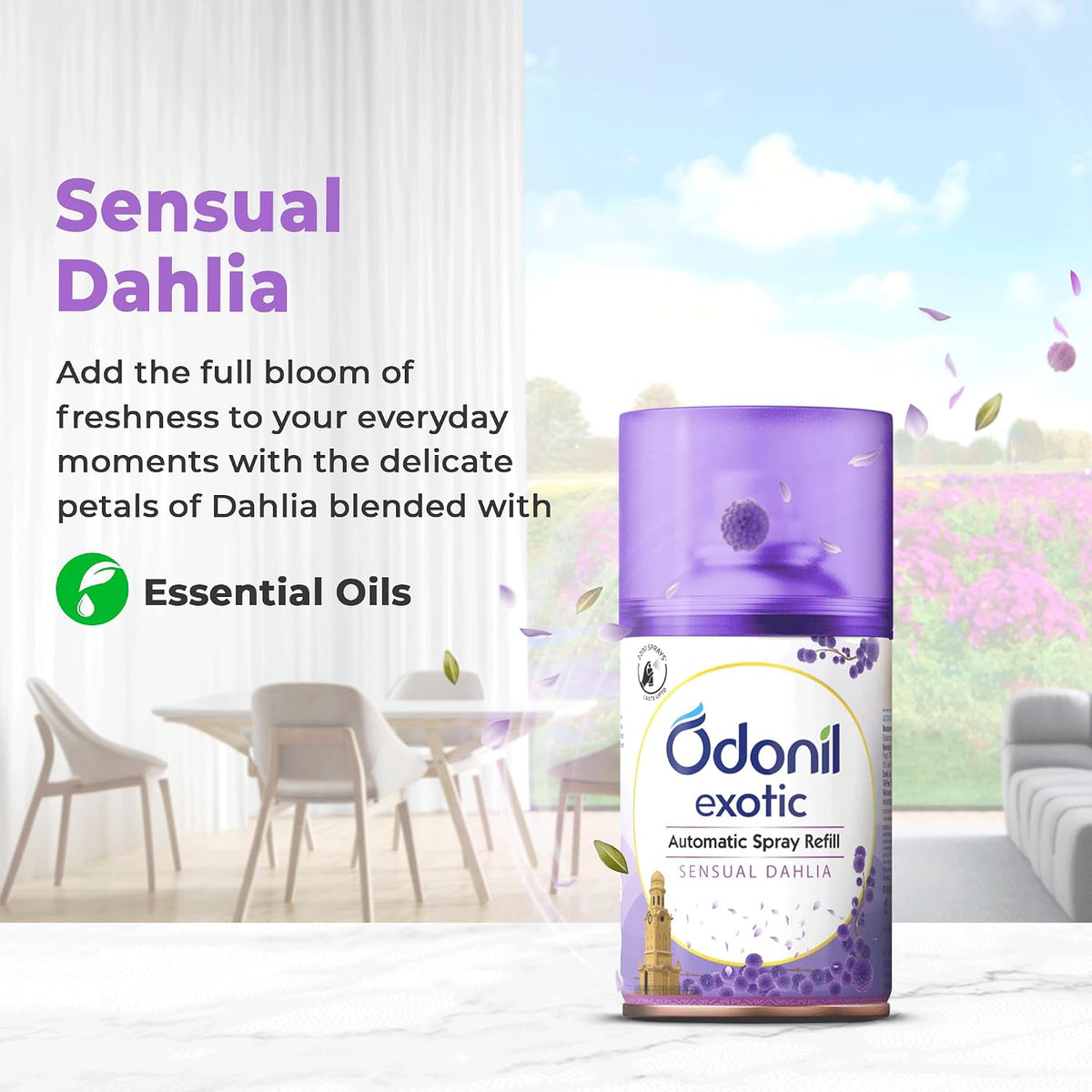 DABUR Odonil Exotic Automatic Spray - 225Ml |Sensual Dahlia |2X Long Lasting |Fits all Machines | 2200 Sprays Guaranteed |Lasts Upto 60 Days |Suitable for Washroom, Gym area, Living Room & Office