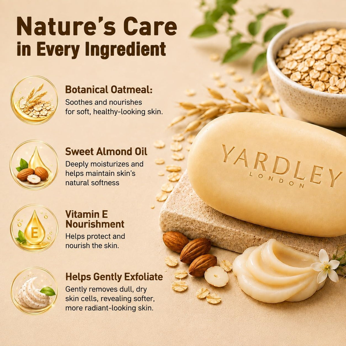 Yardley Oatmeal And Almond Bar Soap, 4.25 Ounce