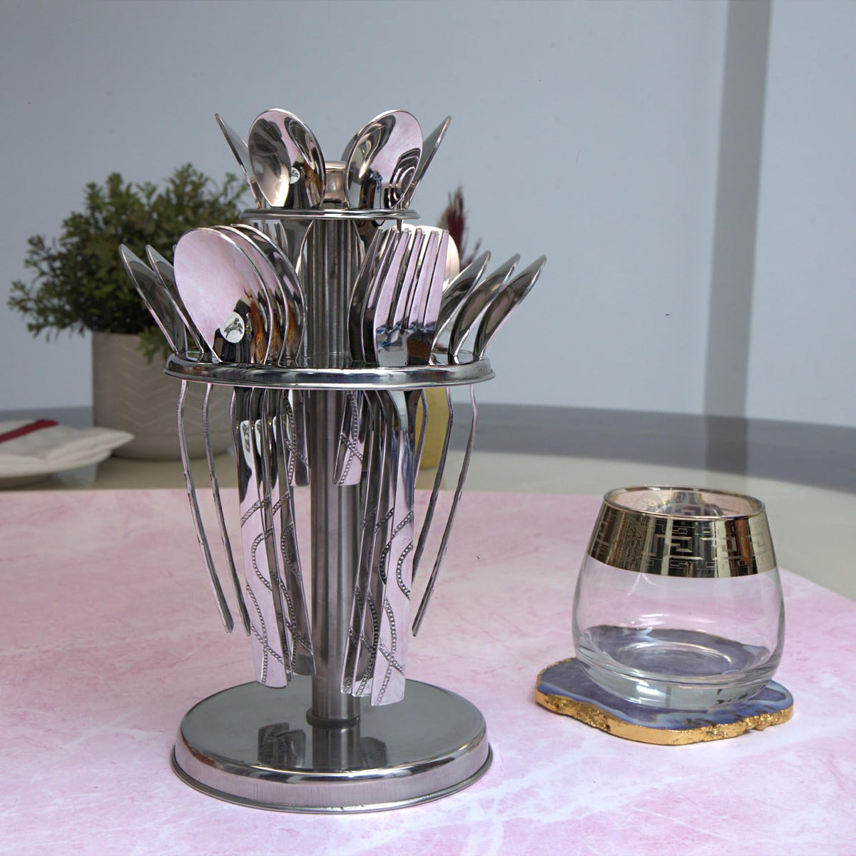 Parage 25 Pieces Beauty Premium Stainless Steel Cutlery Set for Home & Kitchen (Contains: 6 Table Spoons, 6 Forks, 6 Tea Spoons, 6 Dinner Spoons, 1 Stand), Spoon Set, Dining Tableware Fancy- Silver