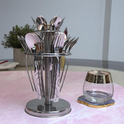 Parage 25 Pieces Beauty Premium Stainless Steel Cutlery Set for Home & Kitchen (Contains: 6 Table Spoons, 6 Forks, 6 Tea Spoons, 6 Dinner Spoons, 1 Stand), Spoon Set, Dining Tableware Fancy- Silver