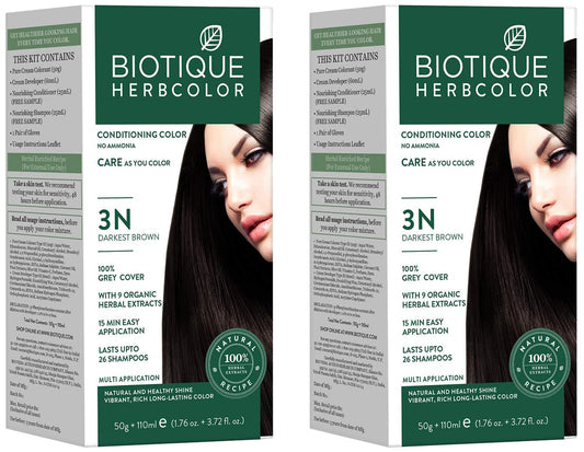 Biotique Herbcolor Conditioning Hair Colour l Ammonia Free Hair Color l 9 Organic Herbal Extracts l Natural and Healthy Shine l 50g + 110ml| Darkest Brown 3N (Pack of 2)