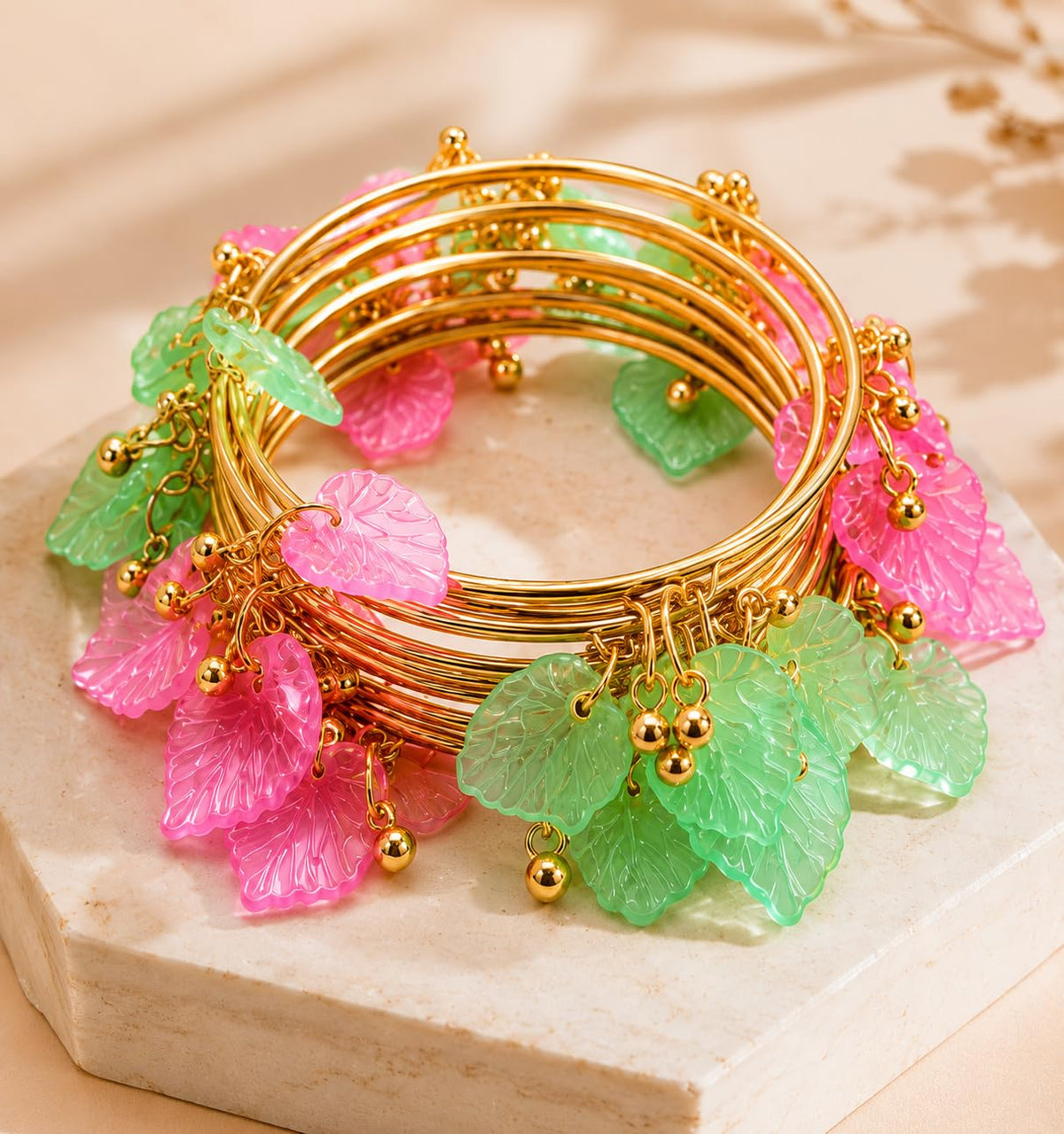 NMII Gold Plated Multicolor Leaf Ghunghroo Bangles Set | Pink & Green Leaf Design Kangan | Designer Gold Finish Metal Chudi | Stylish Floral Chudiya For Wedding Festive - Set Of 8