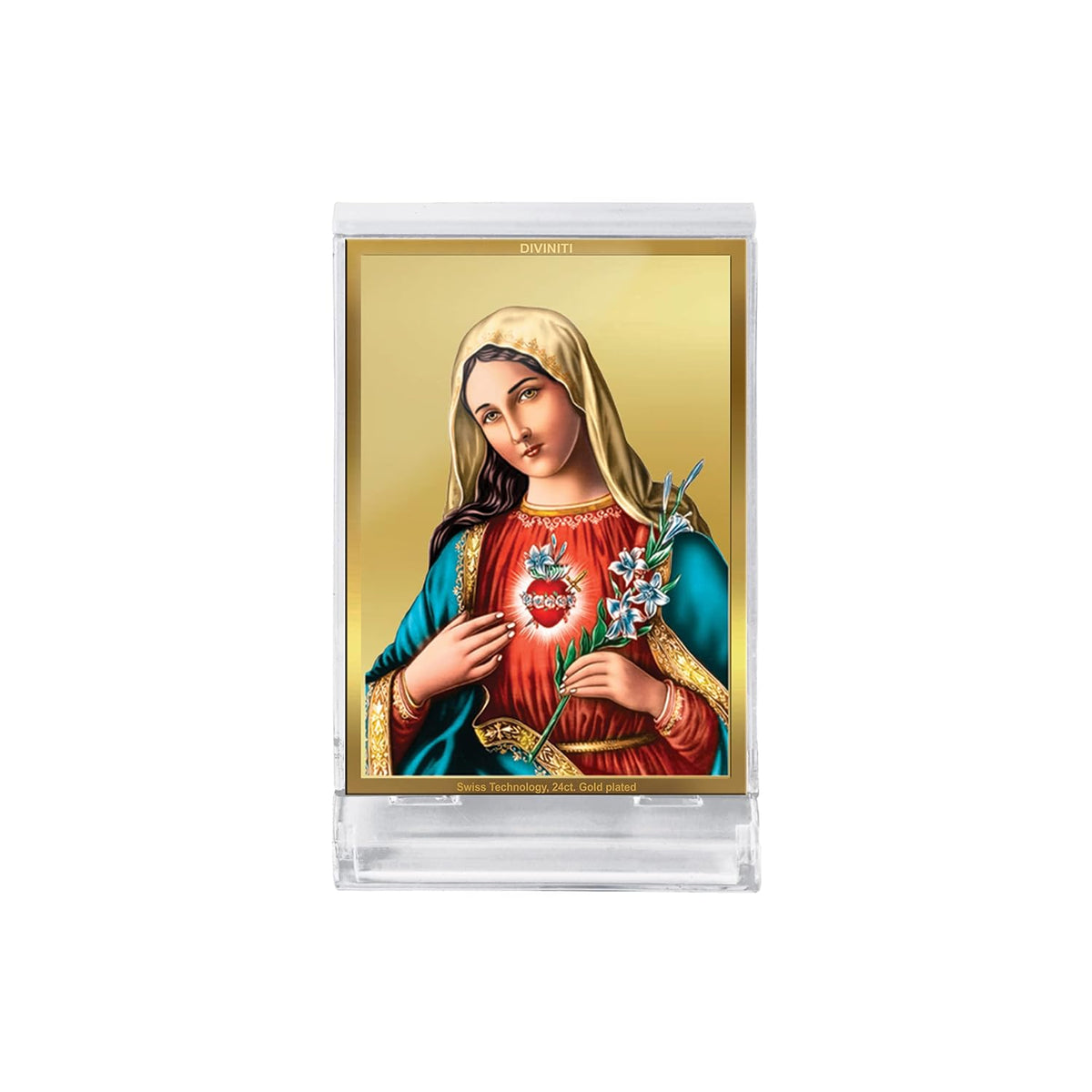 DIVINITI 24K Gold Plated Acrylic Mother Mary Dashboard Frame | Premium Christian Spiritual Gifting Item for Divine Blessings & Peace | Luxury Religious Decor for Car, Office & Home | 11 X 7 CM