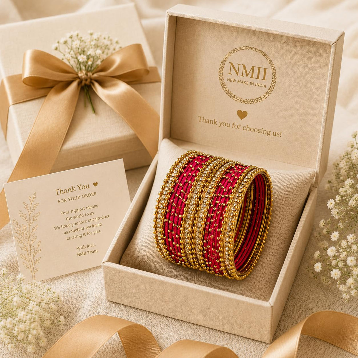NMII Non-Precious Metal with Base Metal and Zircon Gemstone Studded Ball Chain Linked Glossy Finished Silk thread Bangle set for Women and Girls