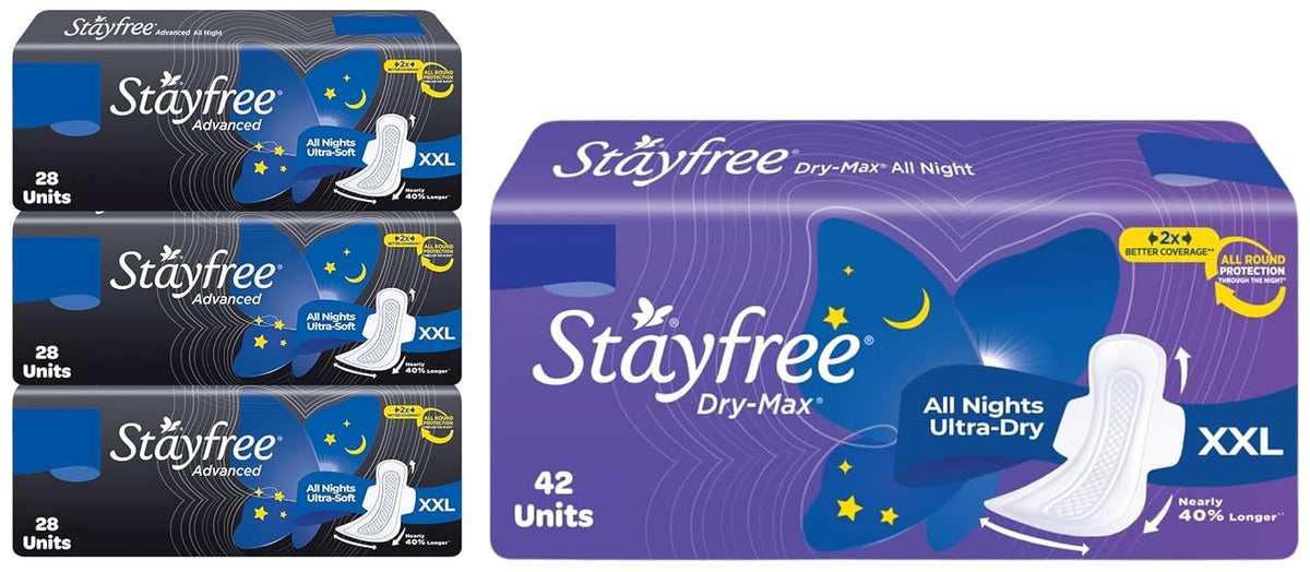 Stayfree Advanced Ultra Napkin & Dry Max XXL | 42 Pads | All Night XXL Dry Cover Sanitary Pads For Women | Convert Heavy Flow Into Gel | Odour Control | Absorbs 2X More With Wider Back