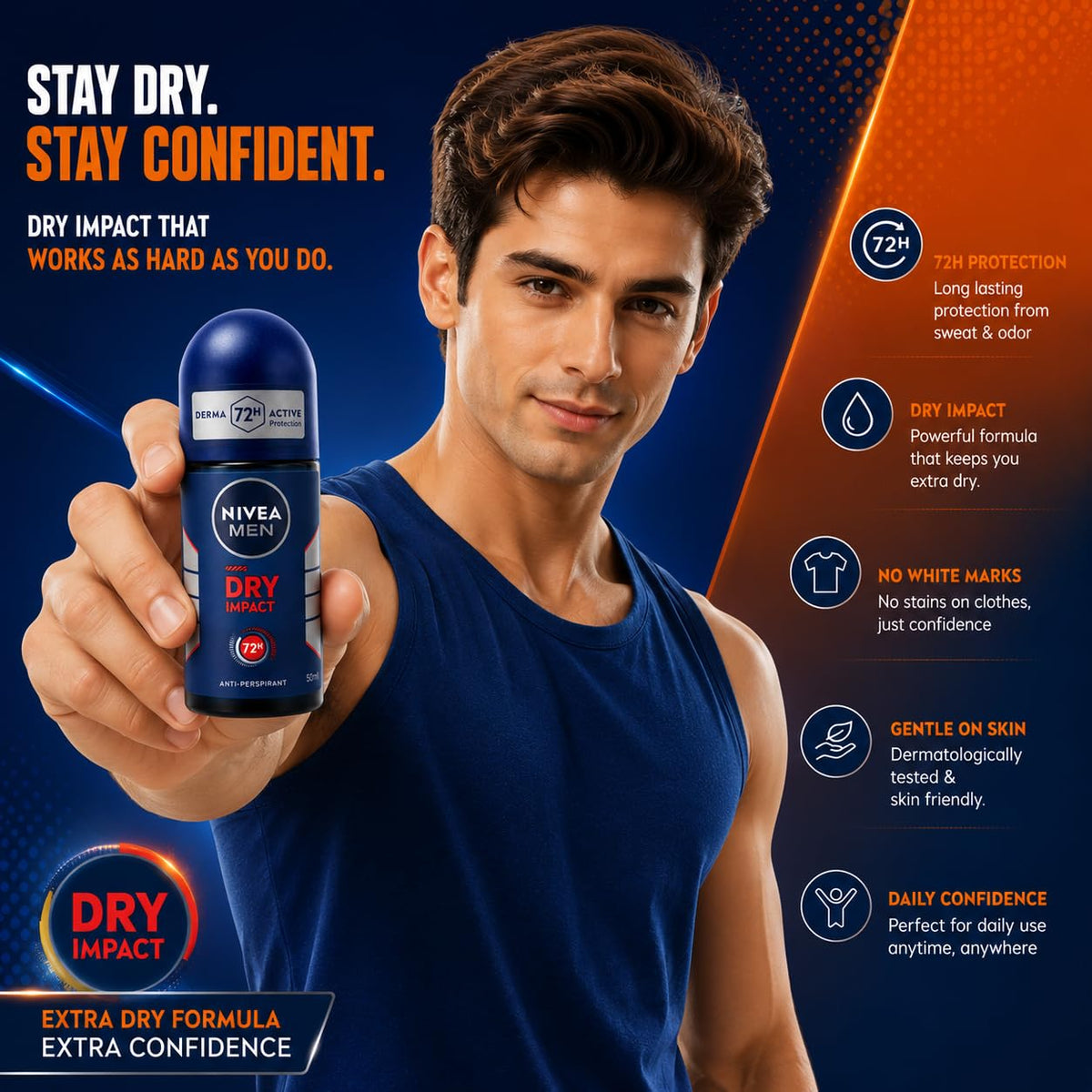 Nivea Men Dry Impact 72H Anti-Perspirant Roll-On 50ml | Powerful Sweat Control & Odor Defense | Fresh Masculine Fragrance Daily Deodorant for Men