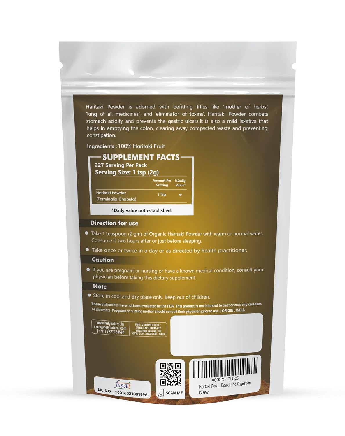 Holy Natural Haritaki Powder for Digestion and Natural Bowel Cleansing, Raw Fruit Powder, 454 gm