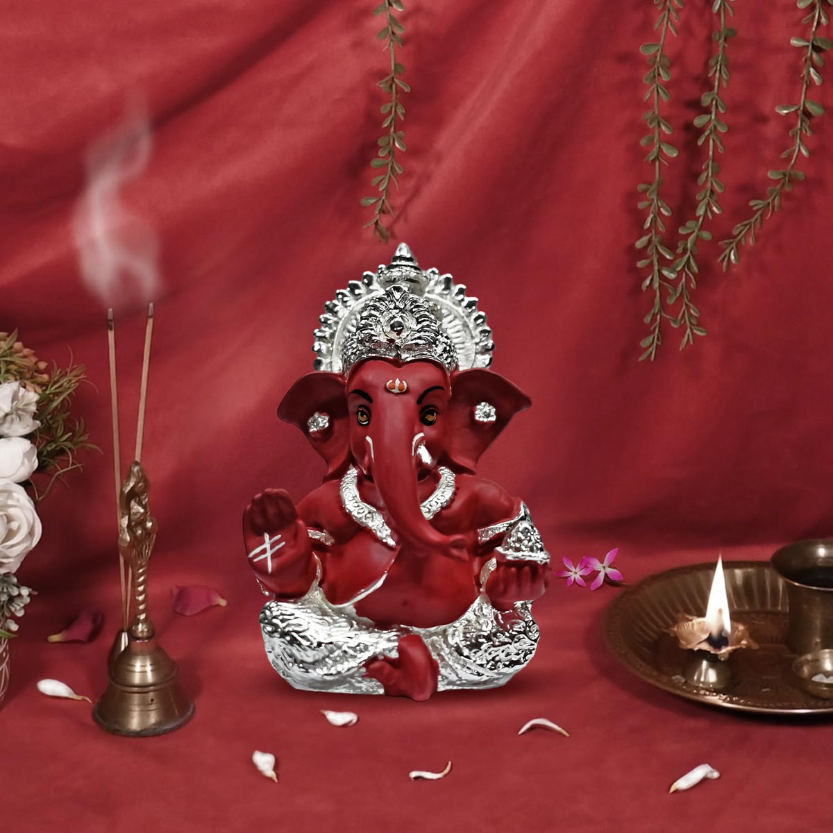 DIVINITI 999 Silver Plated Ganesh Idol for Office Desk Puja Room God Ganesha Idol for Home Decor Ganpati for Gift 3.5 inches (8.89 x 5.08 cm) (Mukut Silver red), Religious