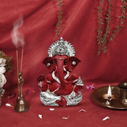 DIVINITI 999 Silver Plated Ganesh Idol for Office Desk Puja Room God Ganesha Idol for Home Decor Ganpati for Gift 3.5 inches (8.89 x 5.08 cm) (Mukut Silver red), Religious