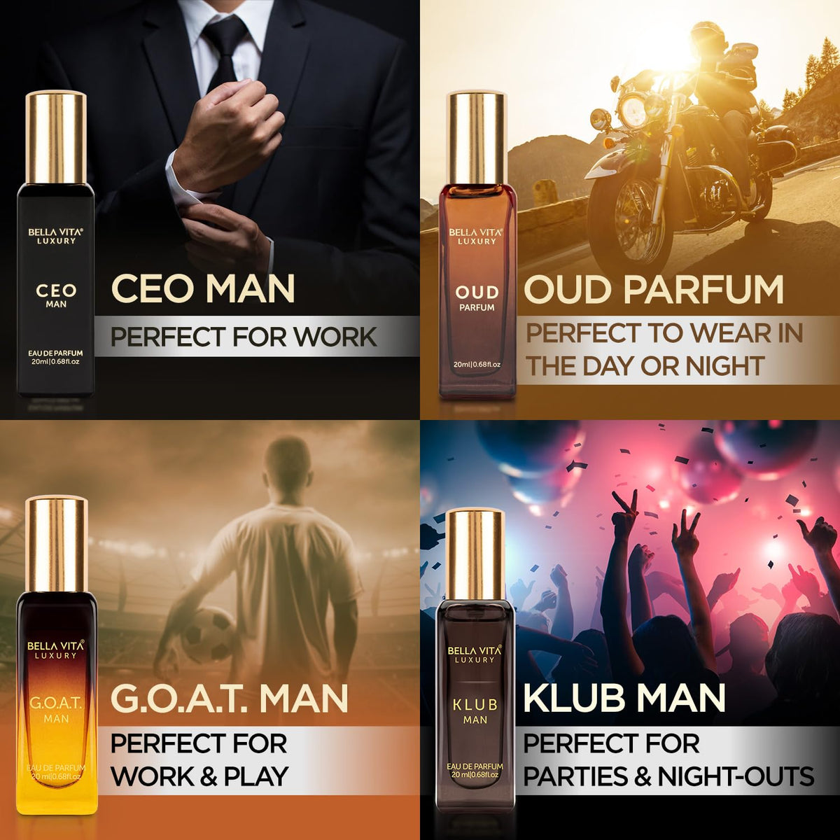 Bella Vita Luxury Men Vanilla Liquid Perfume Gift Set 4 X 20 Ml With Klub, Oud, Ceo, G.O.A.T Liquid Perfume | Woody, Citrusy Long Lasting Edp Fragrance Scent (Pack Of 2), 160 Millilitres