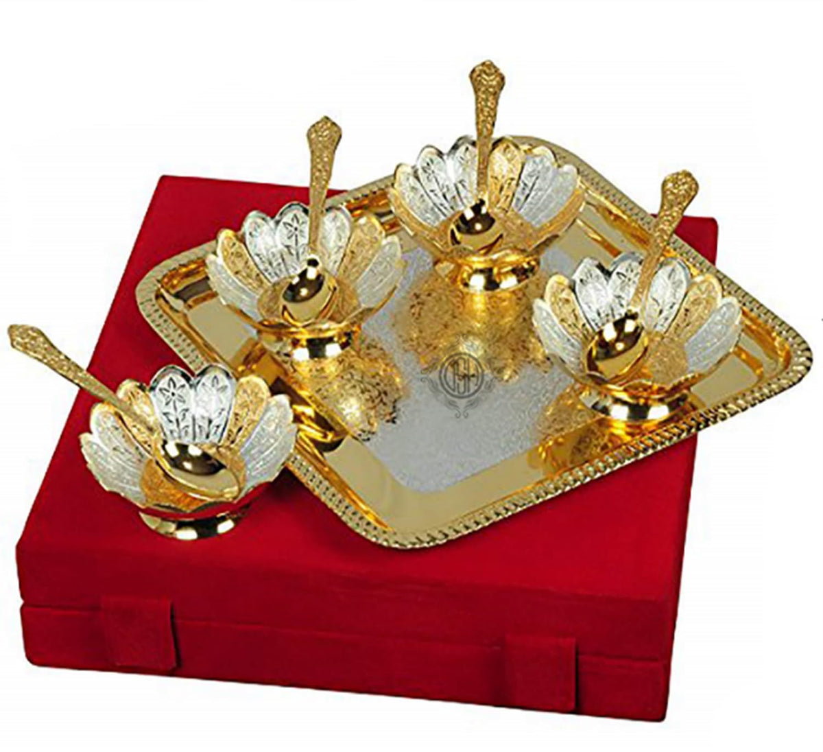 DSH Metal Bowl Set with Spoon, Tray and Velvet Box for Wedding Return Gifts and Festive Gifting-Set of 9