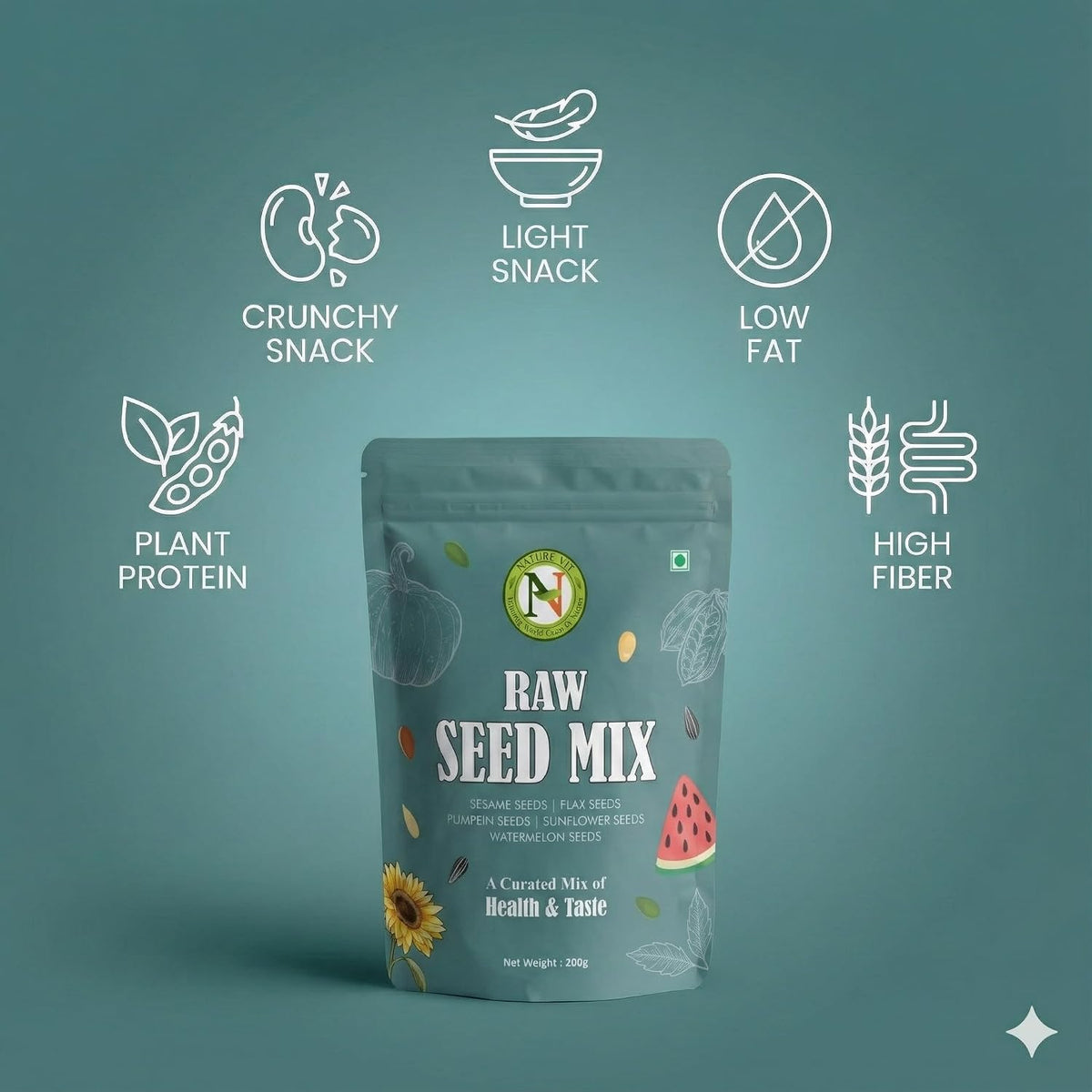 NatureVit Raw Seeds Mix, 1kg | 5-in-1 | Sunflower, Pumpkin, Flax, Watermelon & Sesame Seeds | Healthy Snacking with 100% Natural and Clean Ingredients