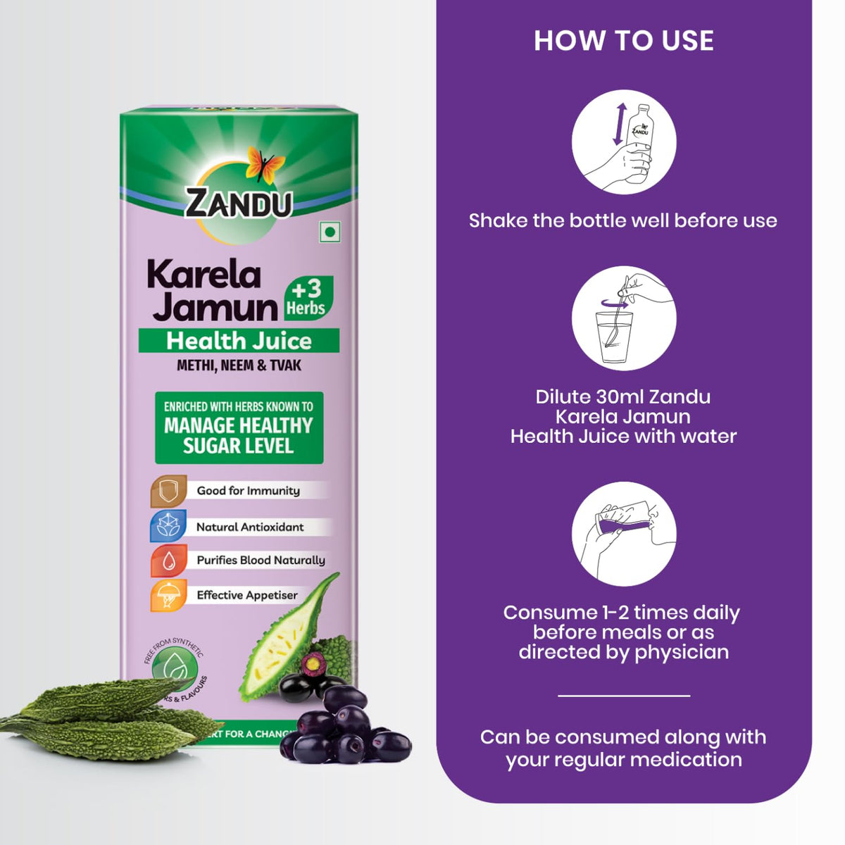 Zandu Karela Jamun + 3 Herbs Health Juice | Power of Karela, Jamun + 3 effective herbs | For Healthy Sugar level | Purifies blood naturally | Natural & Safe | Great taste | 1L