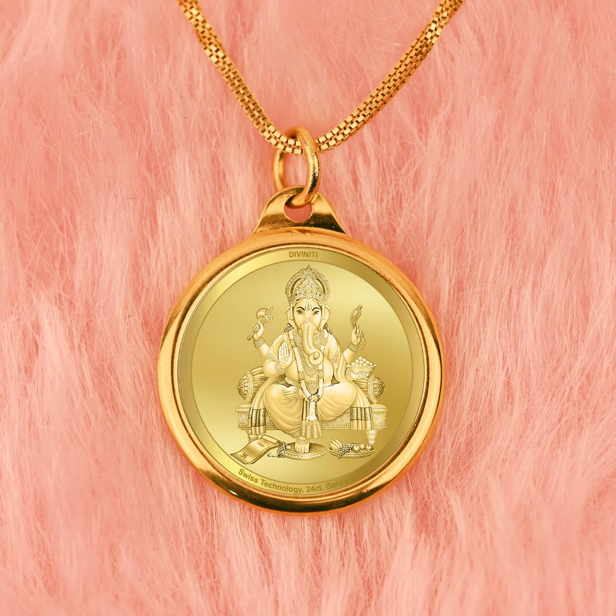 DIVINITI 24K Gold Plated Lord Ganesha & Yantra Double-Sided Pendant with Premium Gift Box, 22 mm Hindu Religious Locket, Luxury Spiritual Jewellery Gift for Men & Women
