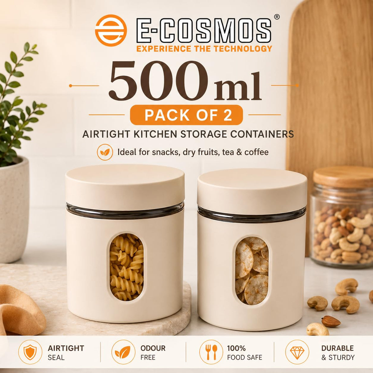E-COSMOS® 500 ml Plastic Kitchen Storage Container Pack of 4 - Airtight Oval Container with Clear Window for Snacks, Tea, Coffee & Dry Fruits (Multicolor) (Pack Of 4, 500, Milliliters)